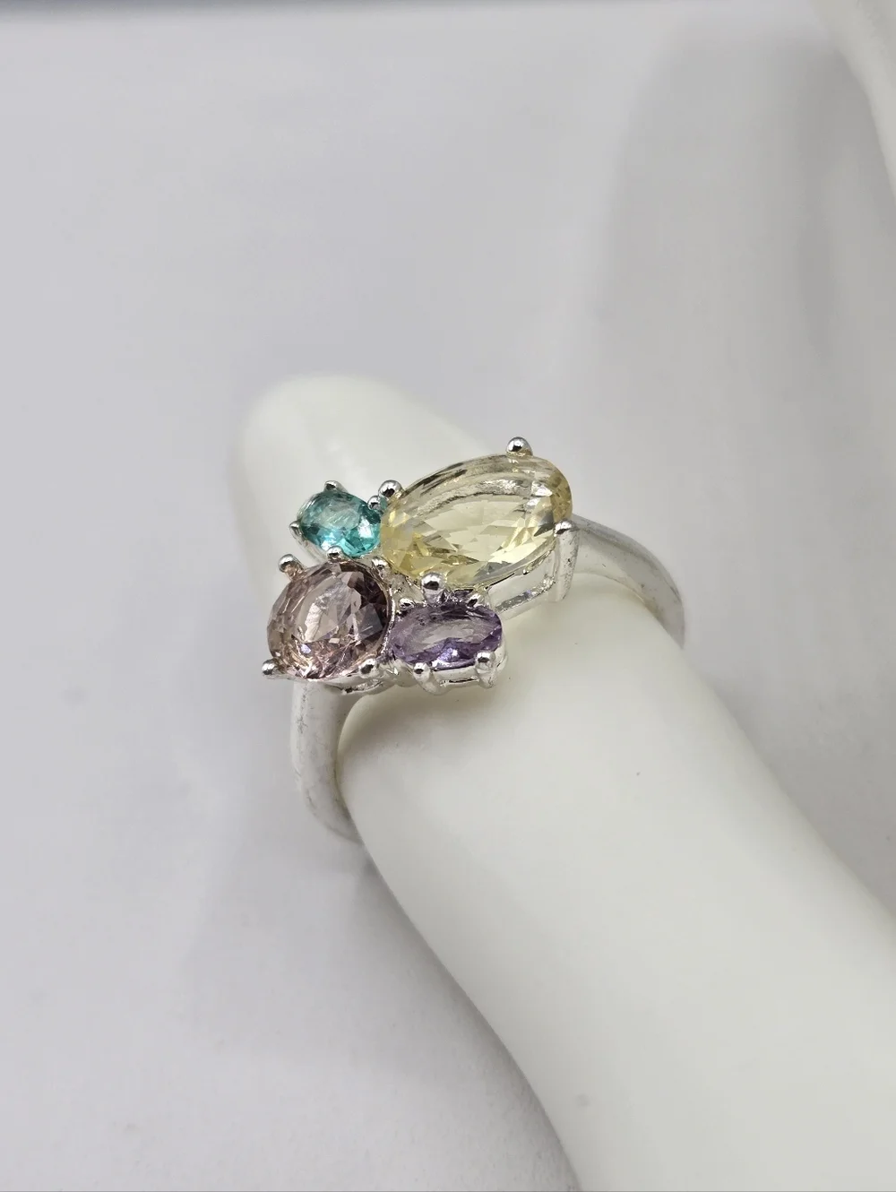 Swarovski Crystal Elements Silver Statement Ring Blue Purple Yellow Size 7.5 - Picture 4 of 7